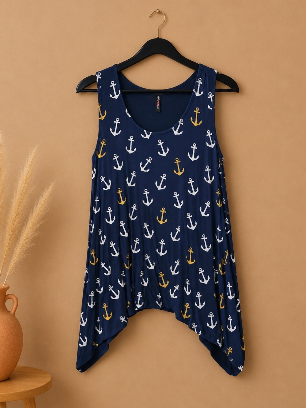 Navy Anchor Print Sleeveless Tank Top - Casual Beachwear